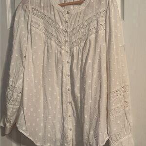 Women's Cream Swiss Dot Lace-Trim Button Front Top